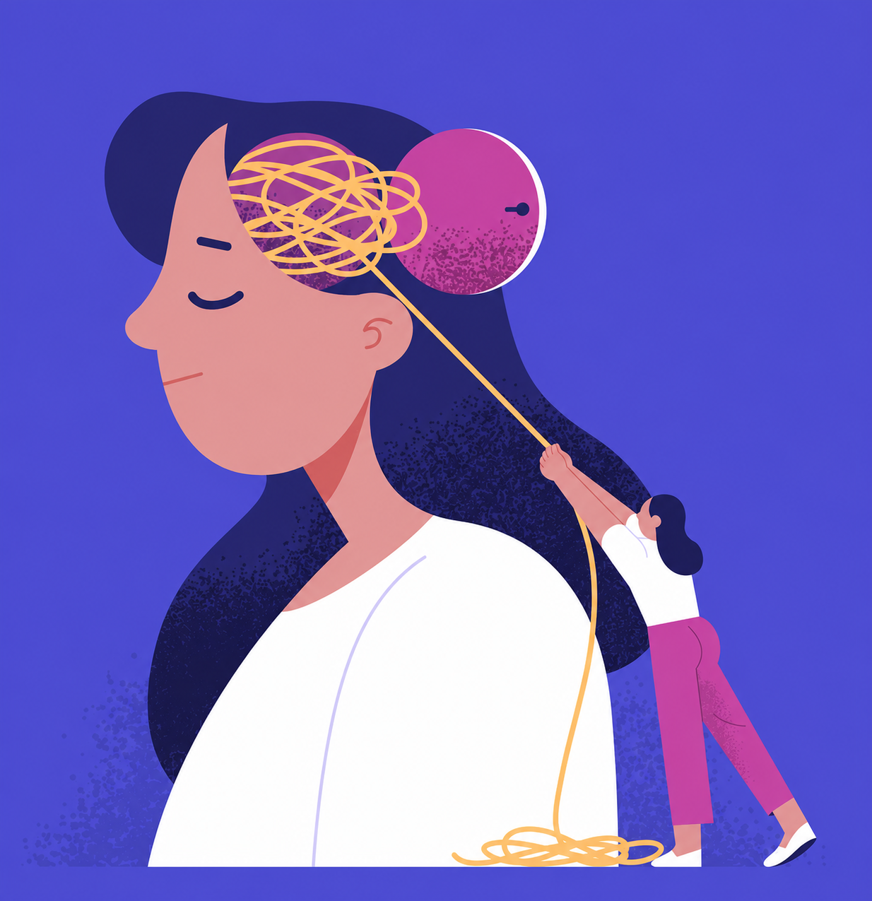 Illustration: eine Frau entwirrt behutsam den Knäuel aus ihrem Kopf – Symbolbild für die Arbeit mit dem Nervensystem